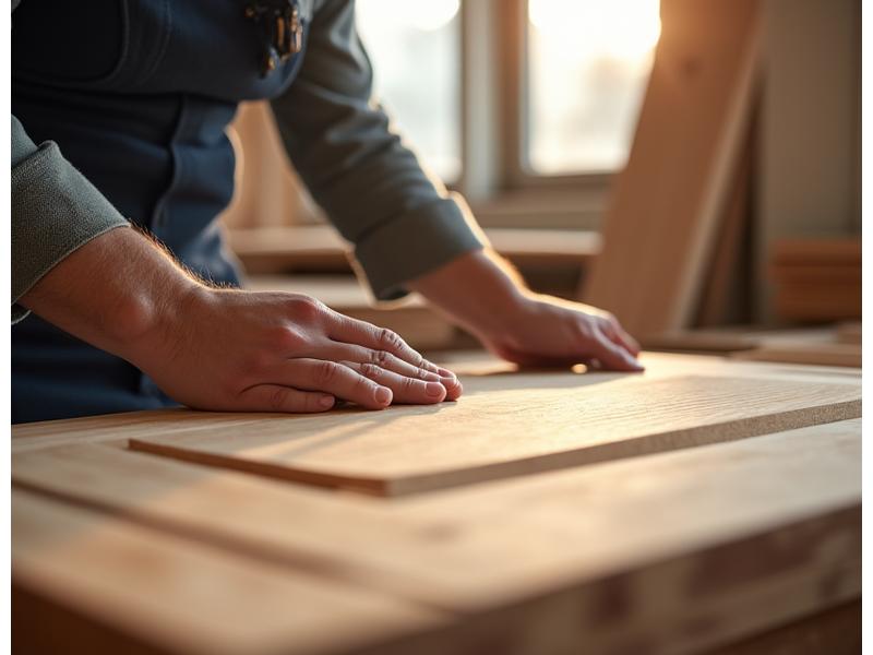 Artisan working on a custom wooden door in a sunlit workshop, highlighting precision and craftsmanship.